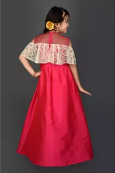 Pink Embroidered Taffeta Stitched Kids Frocks