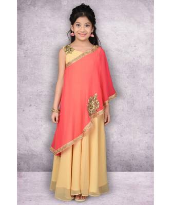 Beige Embroidered Faux Georgette Stitched Kids Frocks 1