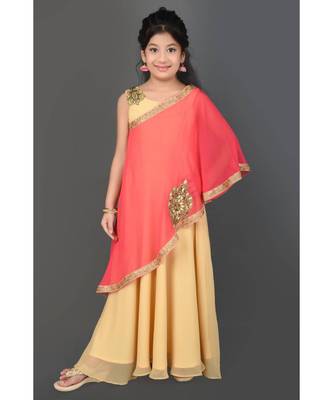 Beige Embroidered Faux Georgette Stitched Kids Frocks 2