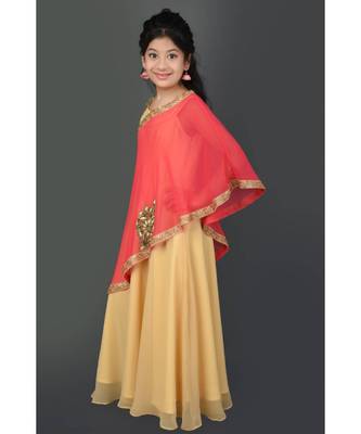 Beige Embroidered Faux Georgette Stitched Kids Frocks 3