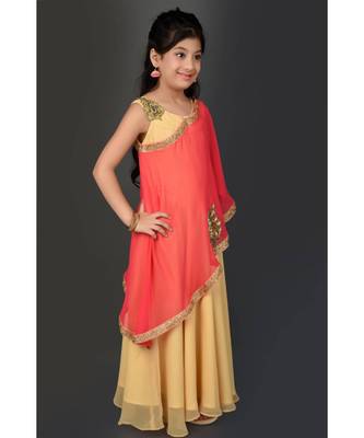 Beige Embroidered Faux Georgette Stitched Kids Frocks 4