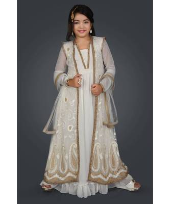 White Embroidered Net Stitched Kids Frocks 1