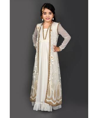 White Embroidered Net Stitched Kids Frocks 2