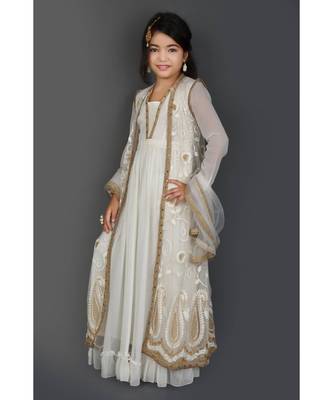 White Embroidered Net Stitched Kids Frocks 3