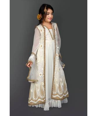 White Embroidered Net Stitched Kids Frocks 4