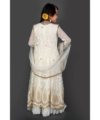 White Embroidered Net Stitched Kids Frocks 5