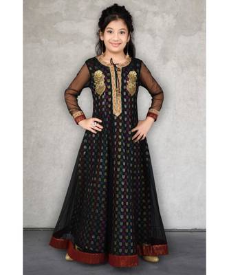 Black Embroidered Brocade Stitched Kids Frocks 1