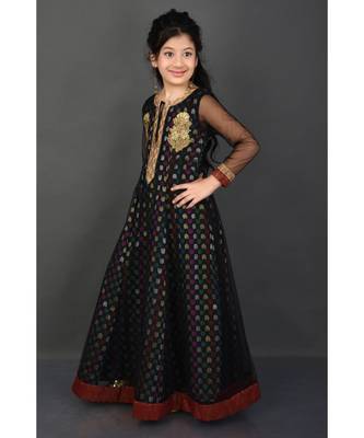 Black Embroidered Brocade Stitched Kids Frocks 3