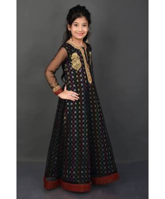 Black Embroidered Brocade Stitched Kids Frocks 4