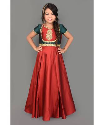 Maroon Embroidered Taffeta Stitched Kids Frocks 2