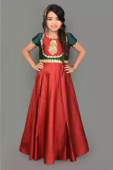 Maroon Embroidered Taffeta Stitched Kids Frocks