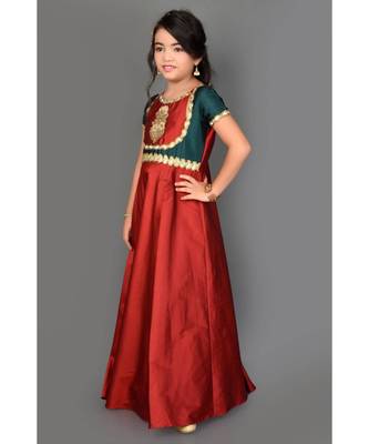 Maroon Embroidered Taffeta Stitched Kids Frocks 3