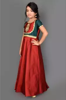 Maroon Embroidered Taffeta Stitched Kids Frocks
