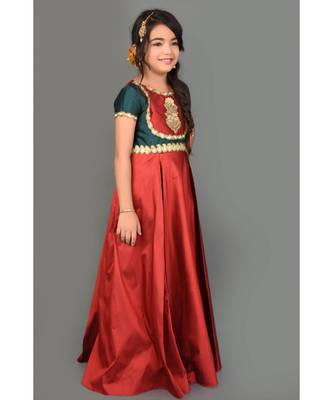 Maroon Embroidered Taffeta Stitched Kids Frocks 4
