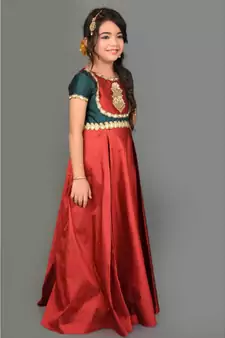 Maroon Embroidered Taffeta Stitched Kids Frocks