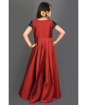 Maroon Embroidered Taffeta Stitched Kids Frocks 5