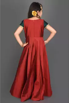 Maroon Embroidered Taffeta Stitched Kids Frocks