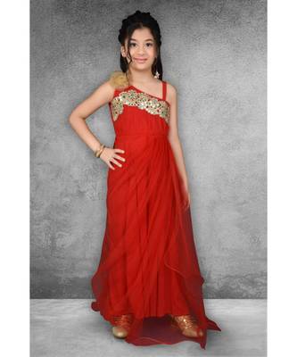Red Embroidered Net Stitched Kids Frocks 1
