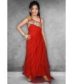 Red Embroidered Net Stitched Kids Frocks