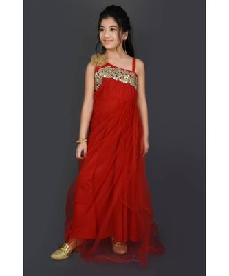 Red Embroidered Net Stitched Kids Frocks 2