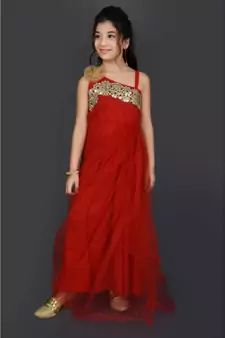 Red Embroidered Net Stitched Kids Frocks