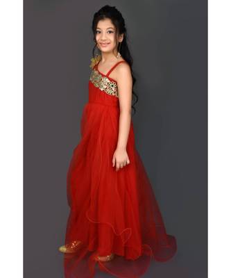 Red Embroidered Net Stitched Kids Frocks 3