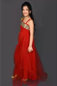 Red Embroidered Net Stitched Kids Frocks