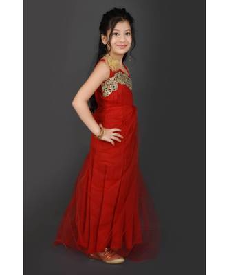 Red Embroidered Net Stitched Kids Frocks 4