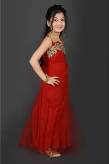 Red Embroidered Net Stitched Kids Frocks