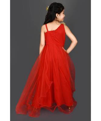 Red Embroidered Net Stitched Kids Frocks 5