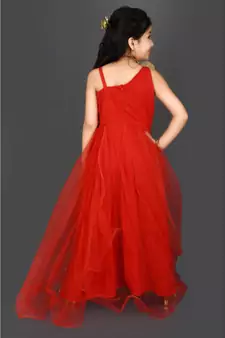 Red Embroidered Net Stitched Kids Frocks