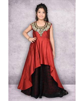 Maroon Embroidered Taffeta Stitched Kids Frocks 1