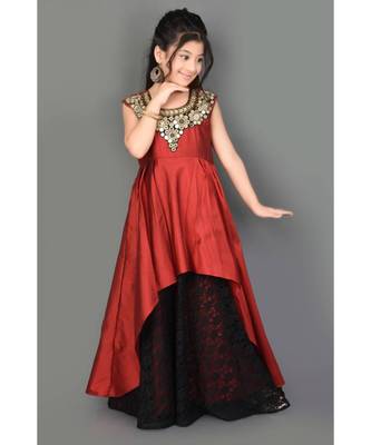 Maroon Embroidered Taffeta Stitched Kids Frocks 2
