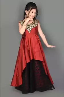 Maroon Embroidered Taffeta Stitched Kids Frocks