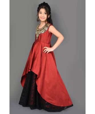 Maroon Embroidered Taffeta Stitched Kids Frocks 3