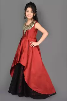 Maroon Embroidered Taffeta Stitched Kids Frocks