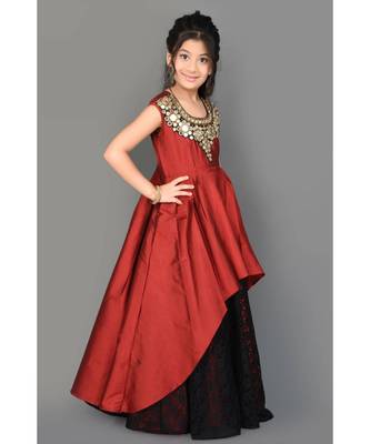 Maroon Embroidered Taffeta Stitched Kids Frocks 4