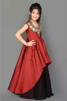 Maroon Embroidered Taffeta Stitched Kids Frocks
