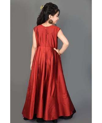 Maroon Embroidered Taffeta Stitched Kids Frocks 5
