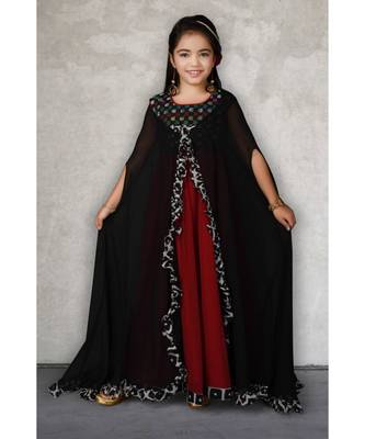 Maroon Woven Faux Georgette Stitched Kids Frocks 1