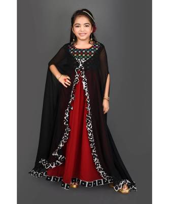 Maroon Woven Faux Georgette Stitched Kids Frocks 2