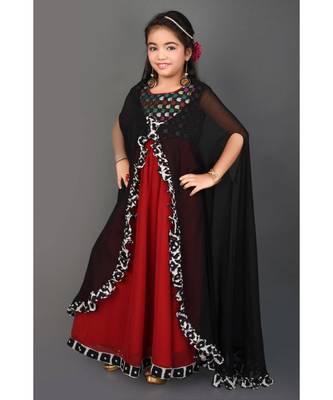 Maroon Woven Faux Georgette Stitched Kids Frocks 3