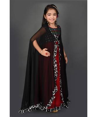 Maroon Woven Faux Georgette Stitched Kids Frocks 4