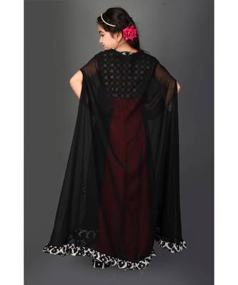 Maroon Woven Faux Georgette Stitched Kids Frocks 5