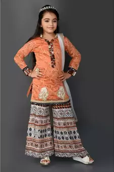 Pink Embroidered Chanderi Silk Stitched Kids Salwar Suits
