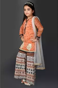 Pink Embroidered Chanderi Silk Stitched Kids Salwar Suits