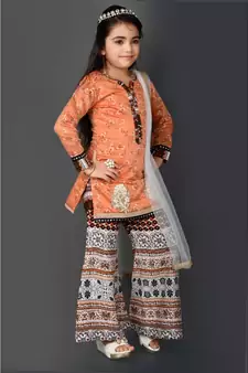 Pink Embroidered Chanderi Silk Stitched Kids Salwar Suits