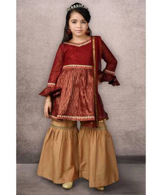 Maroon Woven Net Stitched Kids Salwar Suits 1
