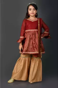Maroon Woven Net Stitched Kids Salwar Suits