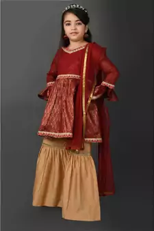 Maroon Woven Net Stitched Kids Salwar Suits
